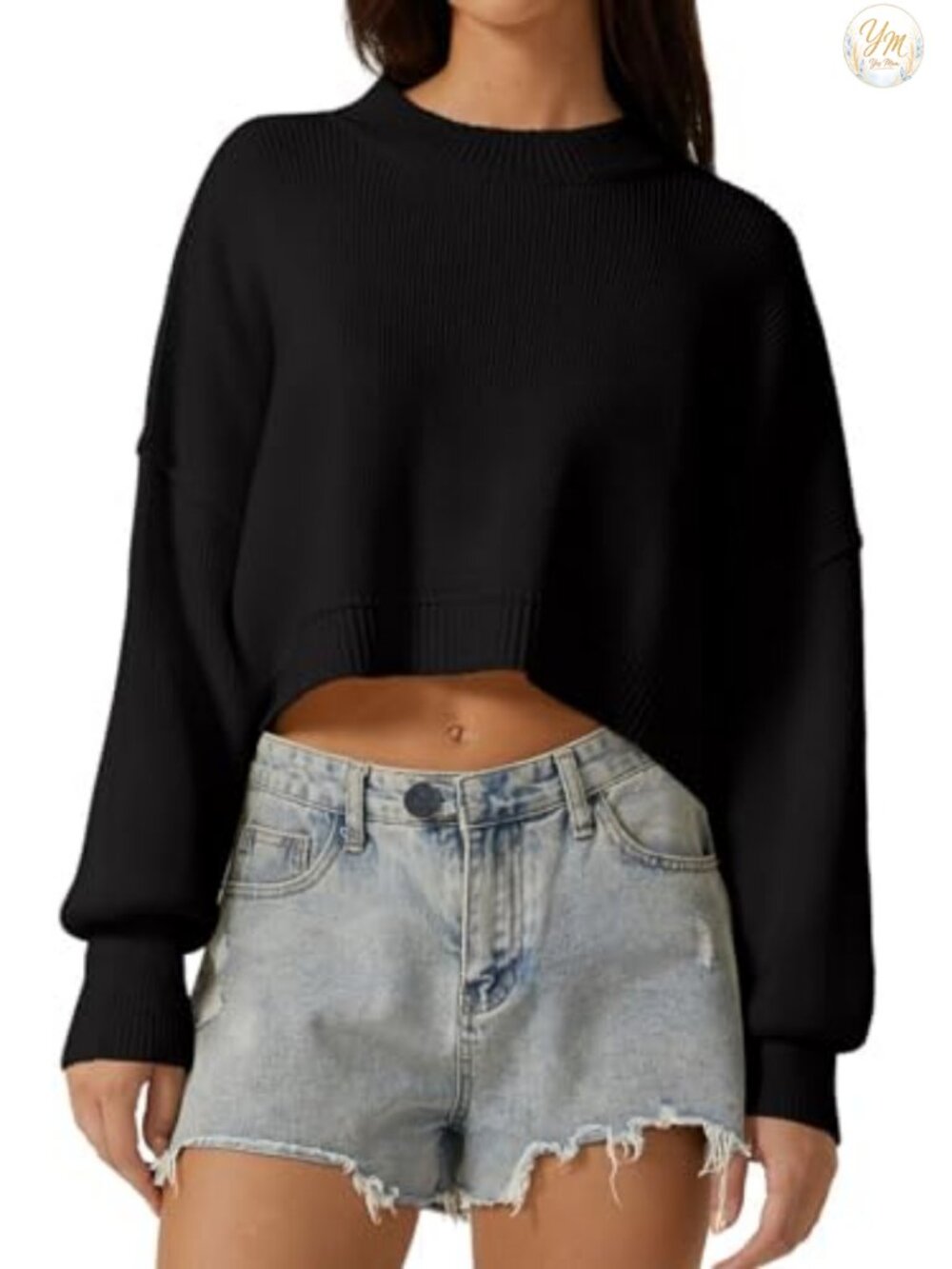 Mock Neck Cropped Sweater Long Sleeve Ribbed Knit Pullover Oversized Lantern